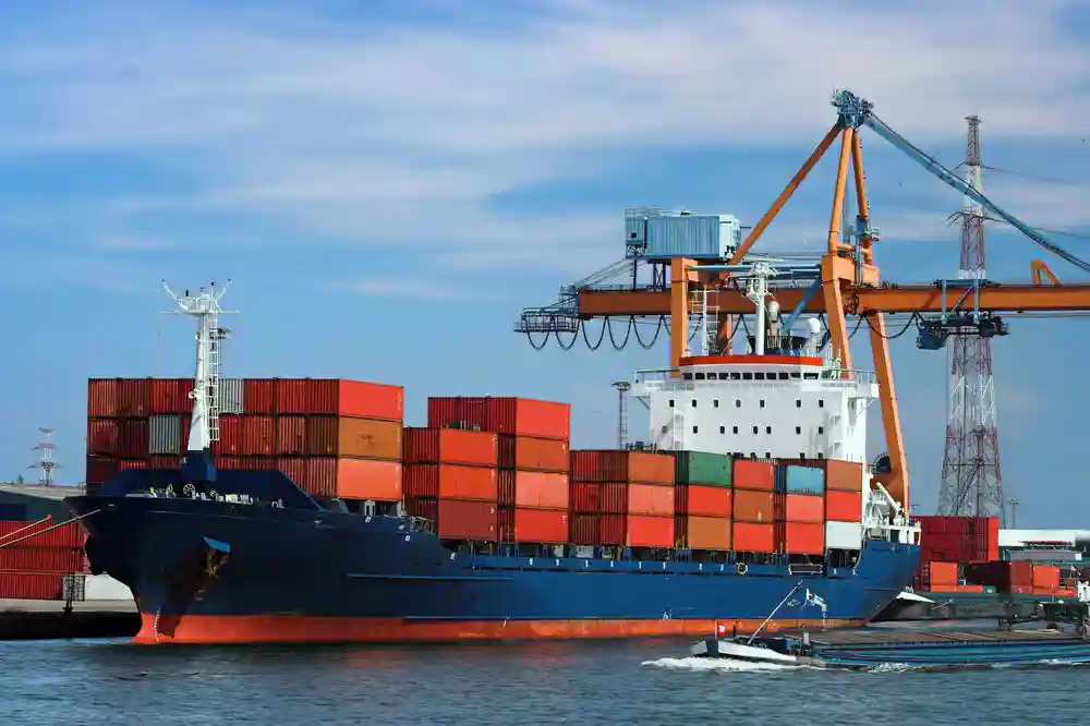 Large container ship in a dock.