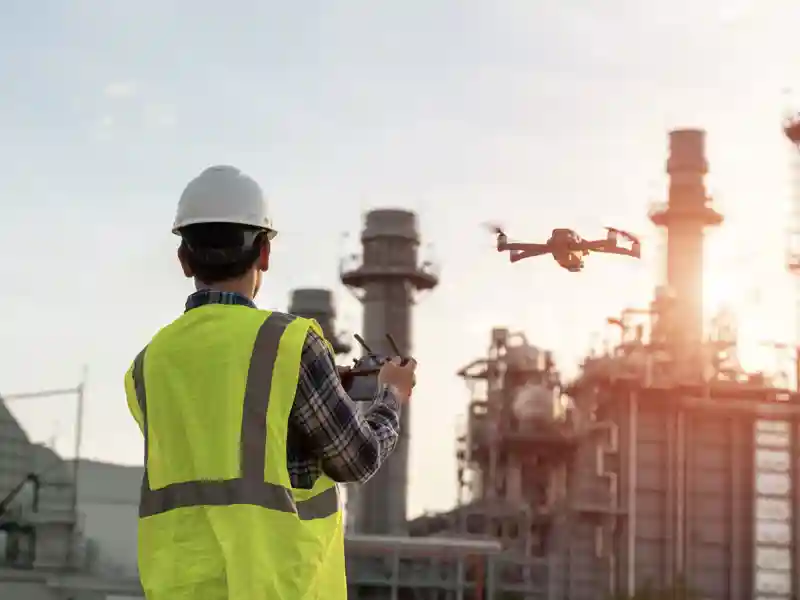 Construction worker piloting drone at building site.