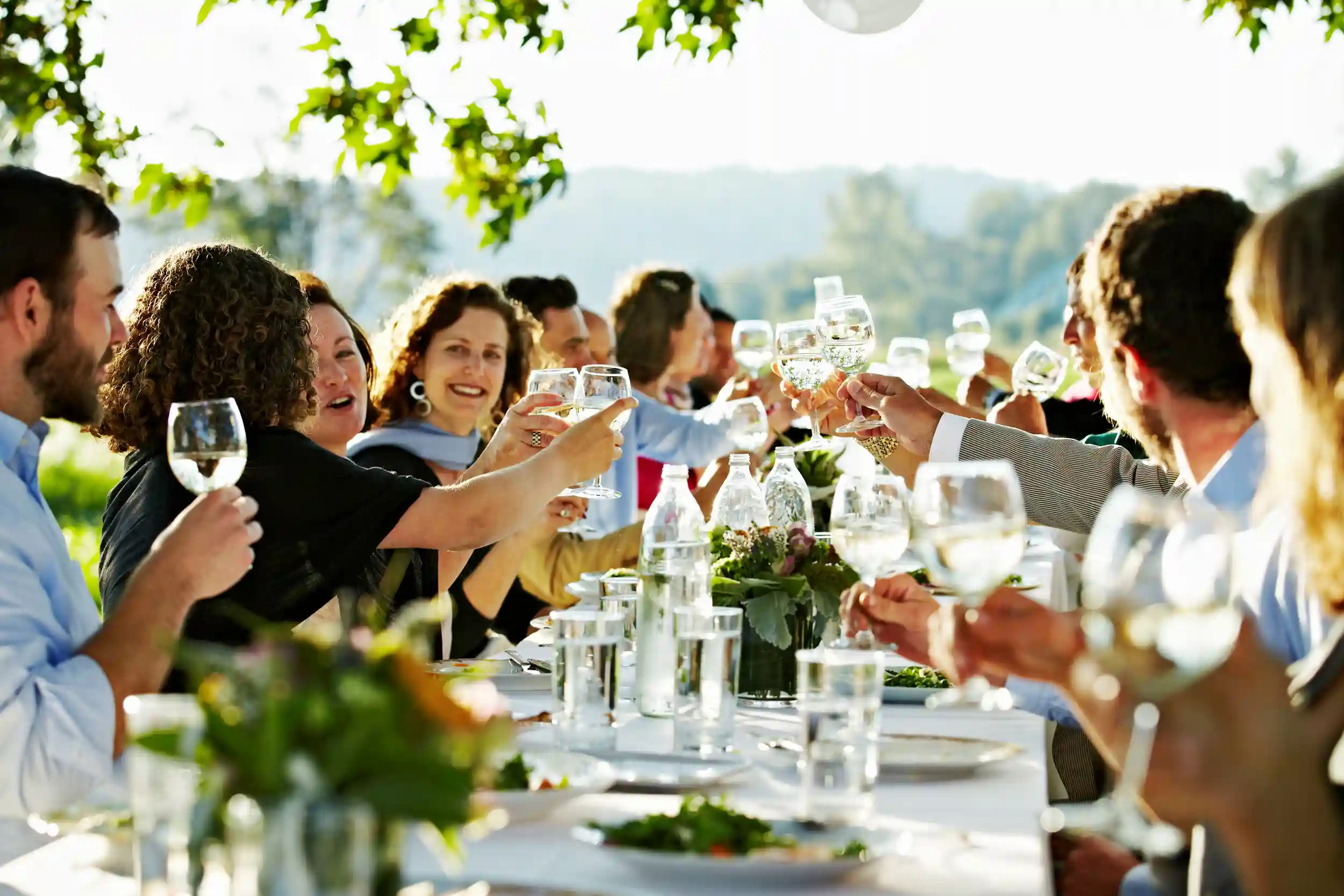 Wedding guests toasting glasses after a speech.