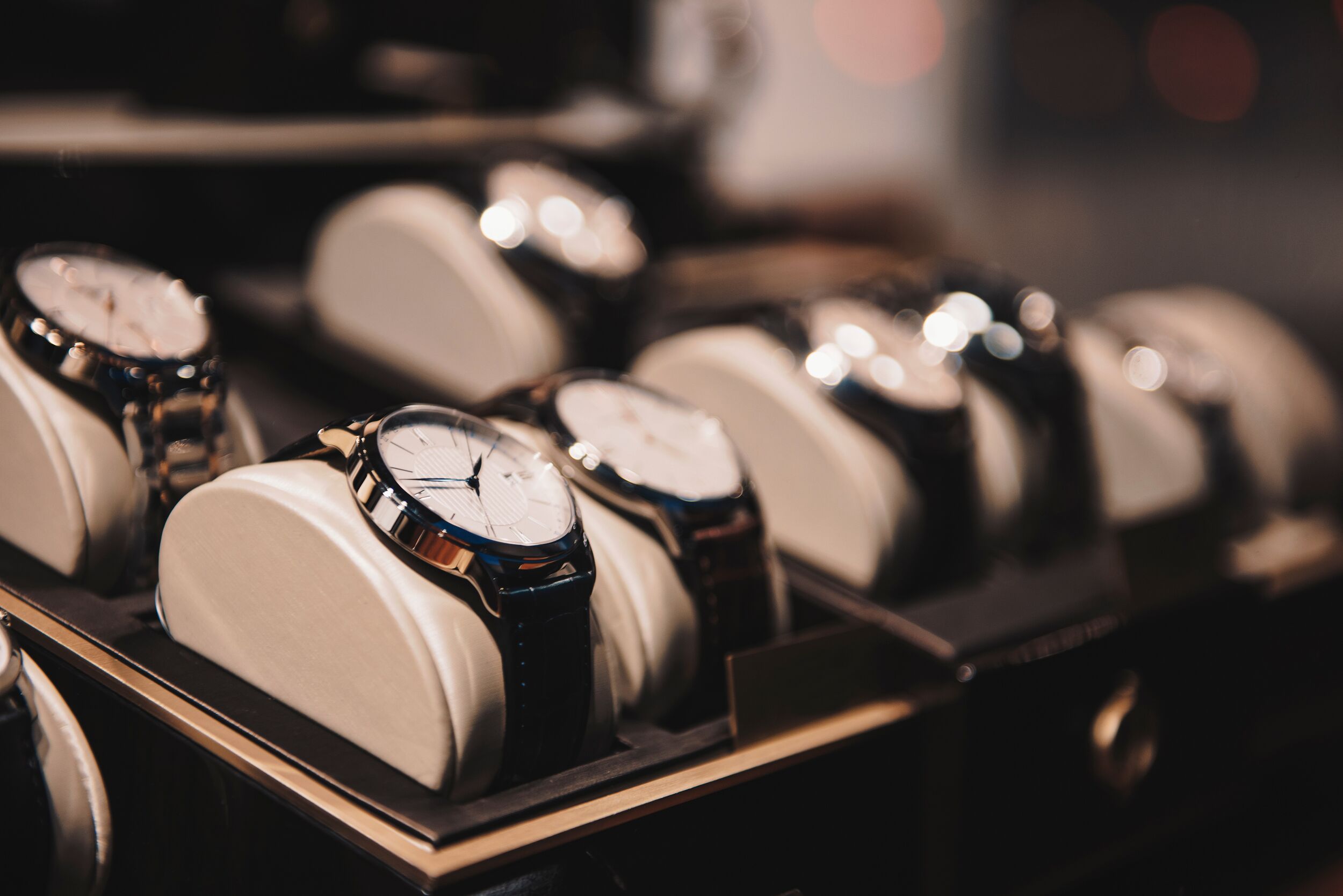 Luxury watches in a display case