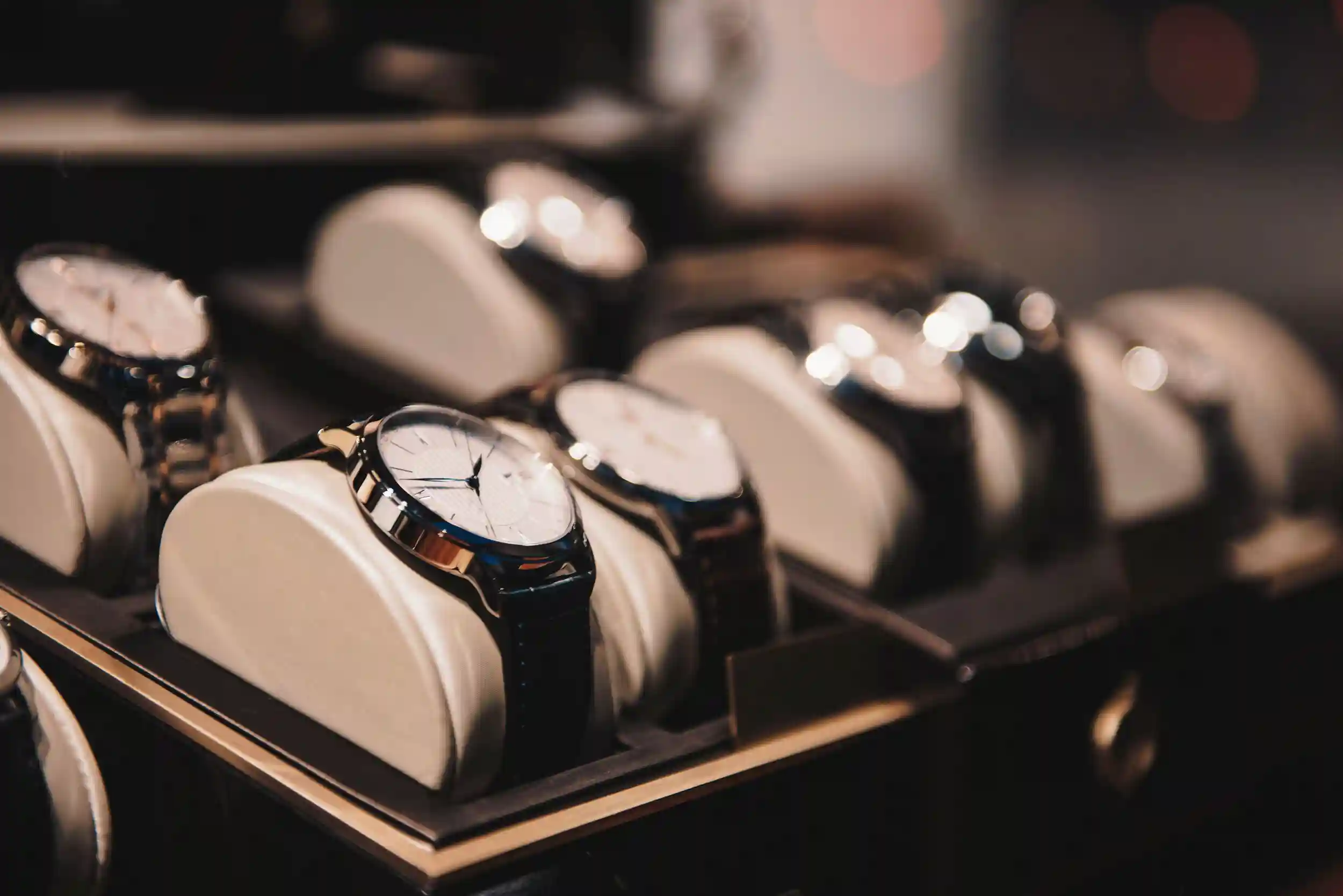 Luxury watches in a display case