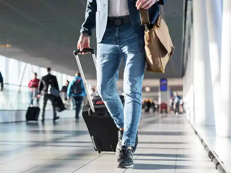 Person walking through an airport, with a rolling suitcase.