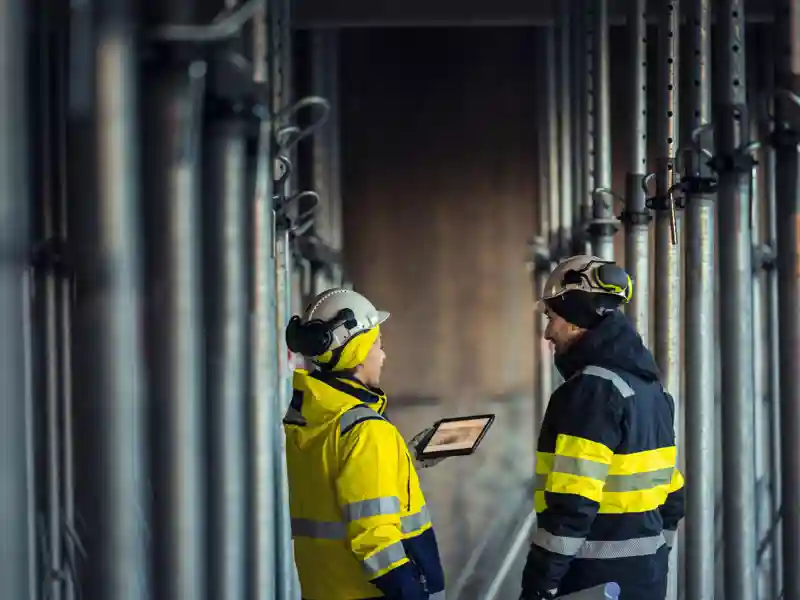 Engineers talking at building site.