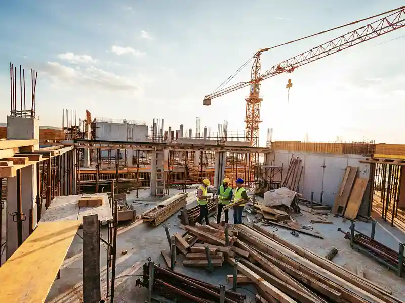 Construction workers talking on a job site