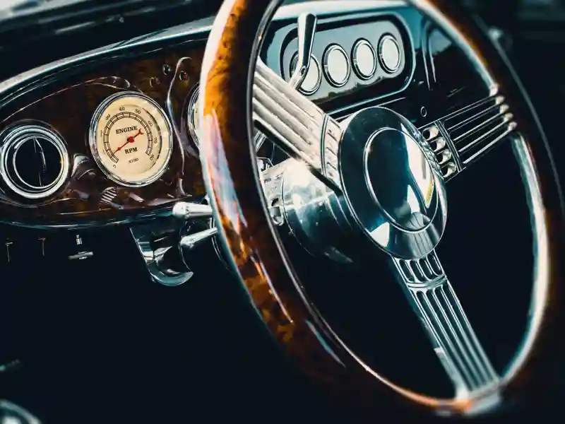 Steering wheel of a classic car.
